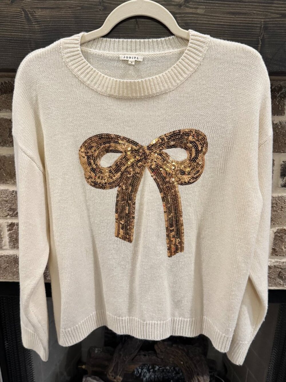 JODIFL Cream Crew Neck Knit Sweater with Gold Sequin Bow Medium